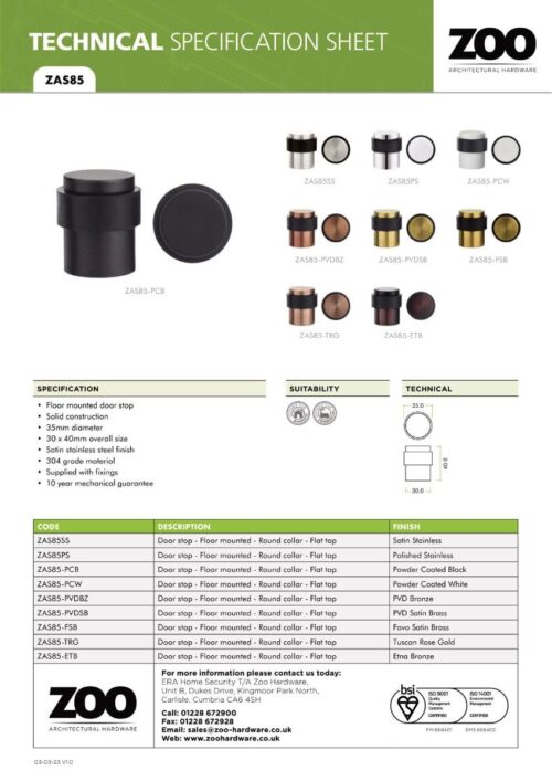 Zoo Hardware ZAS85-FSB Door Stop Floor Mounted - Round Collar - Flat Top - Favo Satin Brass