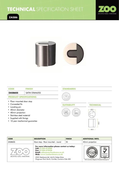 Zoo Hardware ZAS86-PVDSB Door Stop Floor Mounted - Round - PVD Satin Brass