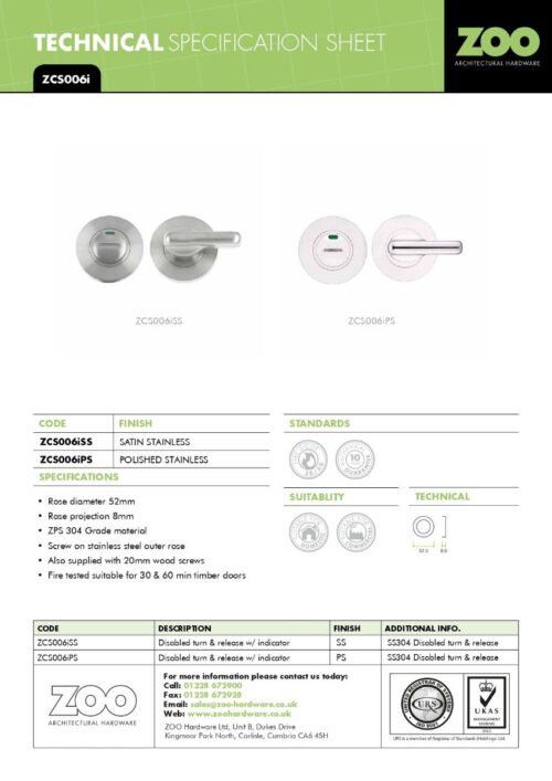 Zoo Hardware Disabled Turn and HEX Release with Indicator on 52mm rose- Push On Cover - 5mm spindle - Grade 304 ZCS006ISS-HEX