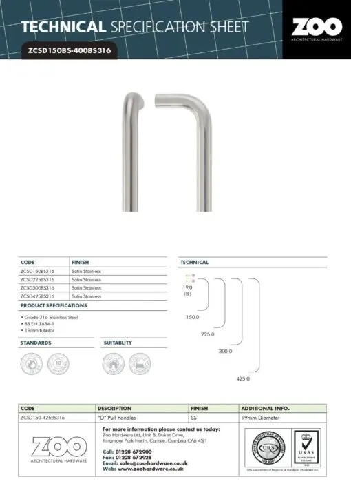 Zoo Hardware 19mm X 300mm Back To Back Pull Handle Set (With Grub Screws)- Rosso - PVD Satin Brass ZCSD300-GS-PVDSB