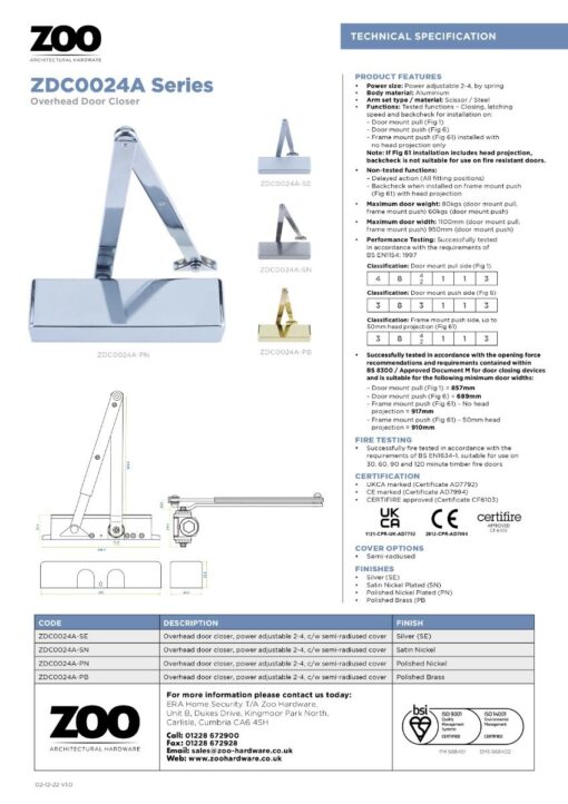 Zoo Hardware Size 2-4 Template Selectable Closer - Silver - Complete with Semi Radius Cover & Flat Arm ZDC0024S-SE