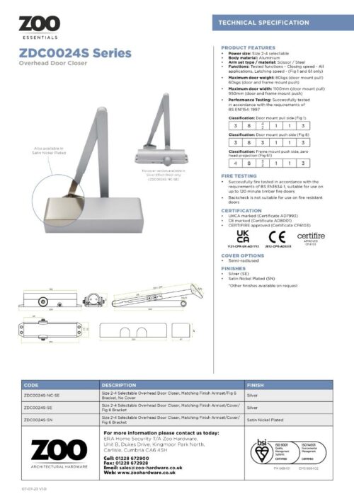 Zoo Hardware Size 2-4 Template Selectable Closer - Satin Nickel Finish - Complete with Semi Radius Cover & Flat Arm ZDC0024S-SN