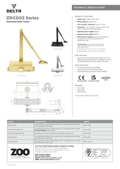 Zoo Hardware Size 3 Door Closer - Gold - Complete with Fig 66 Bracket ZDC003-GE