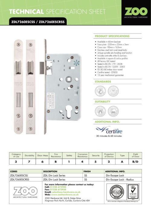 Zoo Hardware ZDL7260ESCR-PVDSB DIN Escape Sashlock- 72mm c/c 1 Pc Forend Radius PVD Satin Brass