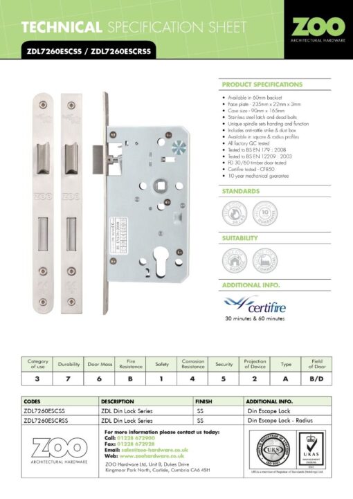 Zoo Hardware Mortice Escape Sashlock - 72mm Centres, 60mm Backset - Square Forend, Satin Stainless Steel ZDL7260ESC-S-SSS