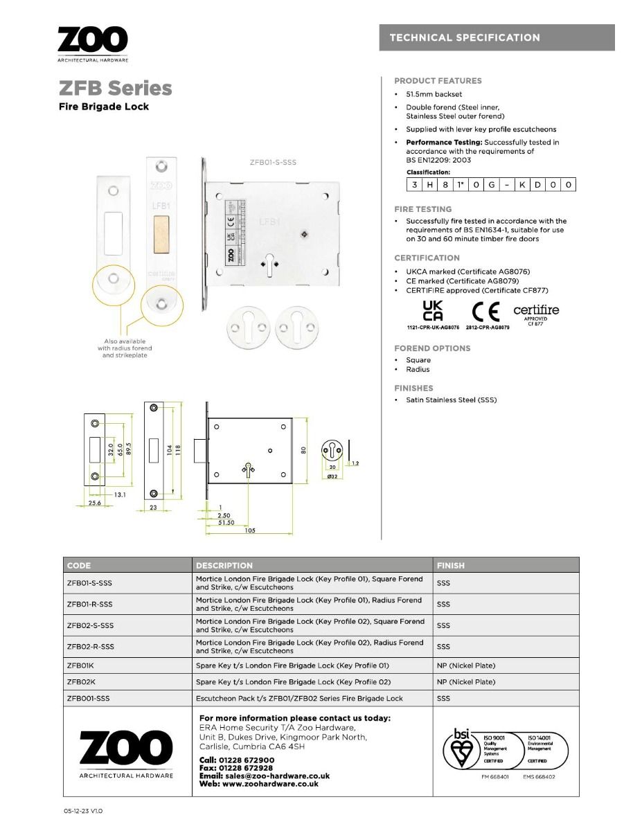 Zoo Hardware FB1 London Fire Brigade Lock Radiused Forend and Strike, c/w Escutcheons CE/UKCA/CERTIFIRE Satin Stainless Steel