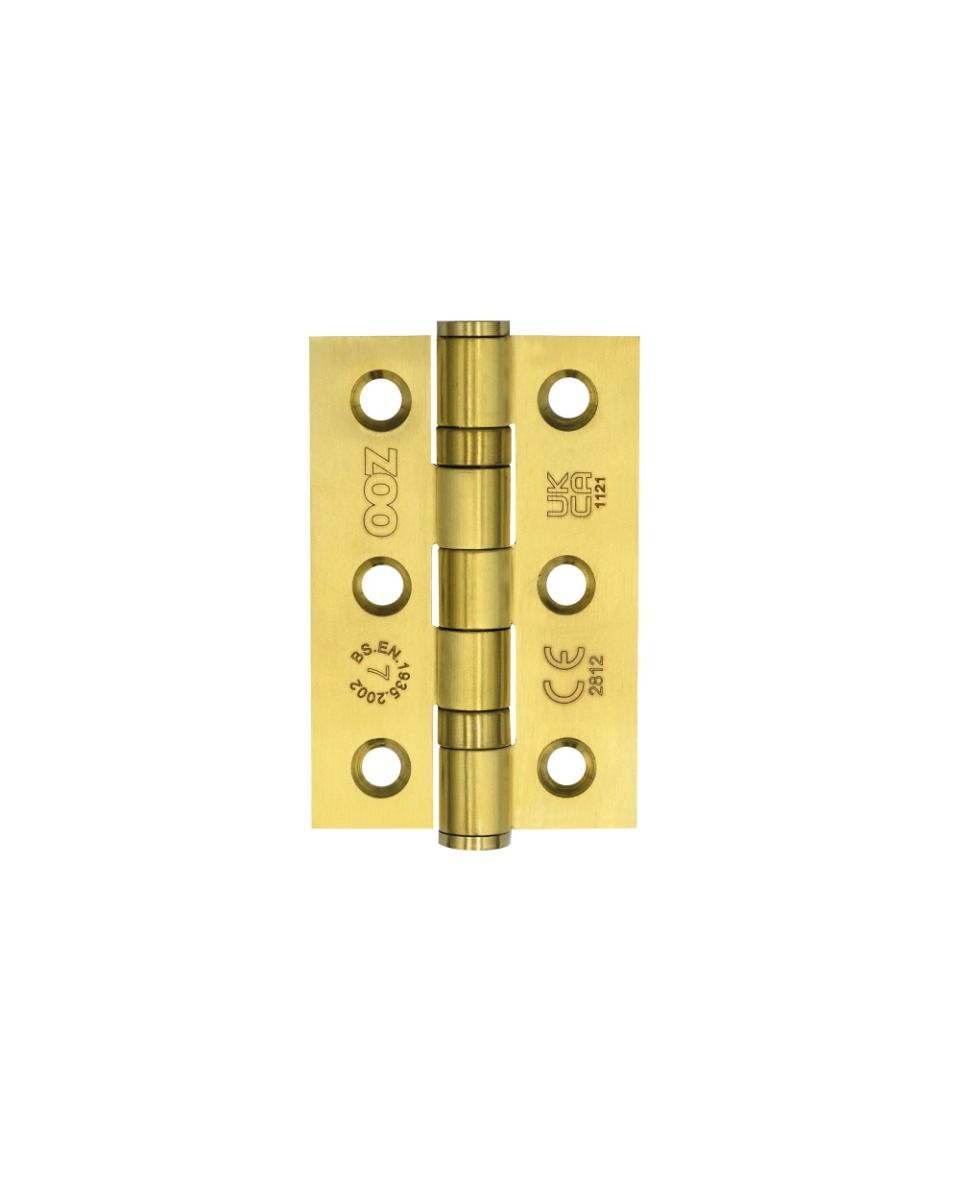 Zoo Hardware Door Hinges Stainless Steel Ball Bearing Grade 7 Certifire UKCA/CE 76mm PVD Satin Brass