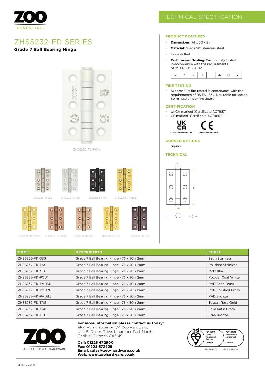 Zoo Hardware Door Hinges Stainless Steel Ball Bearing Grade 7 Certifire UKCA/CE 76mm Matt Black