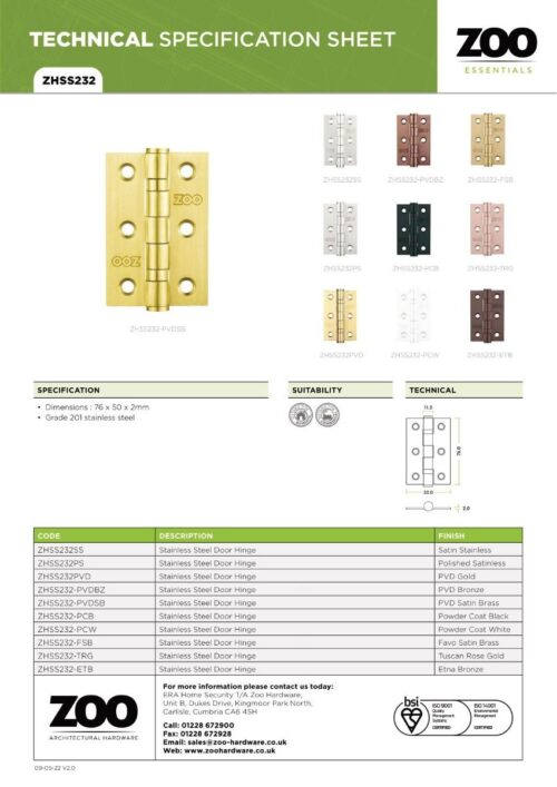 Zoo Hardware ZHSS232-PCW Hinges - Ball Bearing 76mm x 50mm x 2mm Square Corner - Powder Coated White