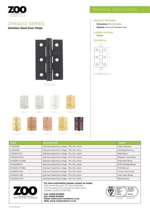 Zoo Hardware ZHSS232 Grade 7 Fire Door Hinge 76x50x2mm Satin Stainless Steel