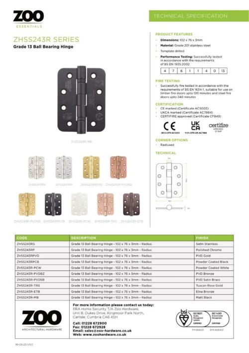 Zoo Hardware ZHSS243R-PCW Grade 13 Hinges - Ball Bearing 102mm x 76mm x 3mm Radius Corner - Matt White