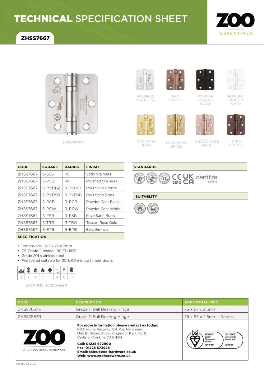 Zoo Hardware ZHSS7667S-PVDSB Grade 11 Hinges - Ball Bearing 76mm x 67mm x 2.5mm Square Corner -PVD Satin Brass