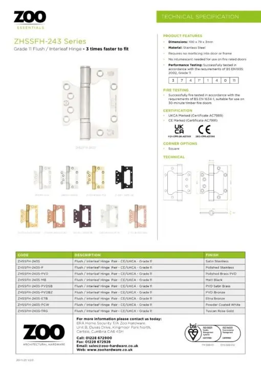Zoo Hardware Flush / Interleaf Hinge Pair - CE/UKCA - Grade 11 - Matt Black ZHSSFH-243S-MB