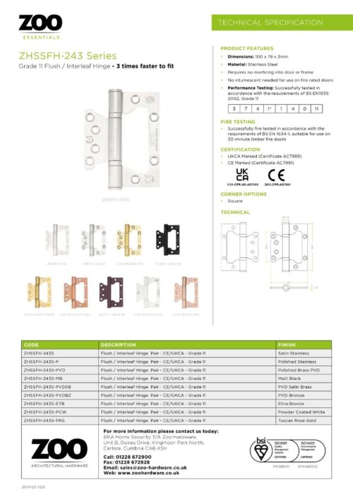 Zoo Hardware Flush / Interleaf Hinge Pair - CE/UKCA - Grade 11 - Satin Stainless Steel ZHSSFH-243S