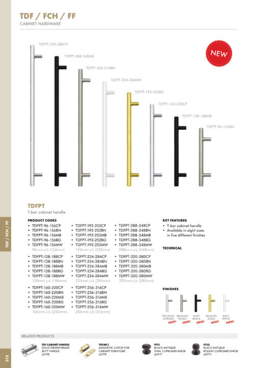 Zoo Hardware TDFPT-160-220BN T Bar Cabinet handle 160mm CTC, 220mm Total length Brushed Nickel Finish