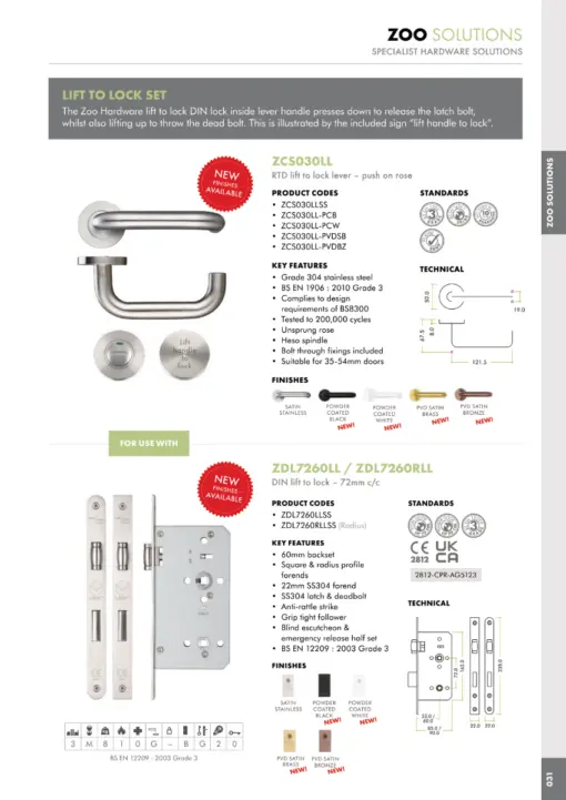 Zoo Hardware ZCS030LL-PVDSB 19mm Lift to Lock Tubular Return to Door Door Handle set -Push On Rose - Grade 304 - PVDSB Pvd Satin Brass