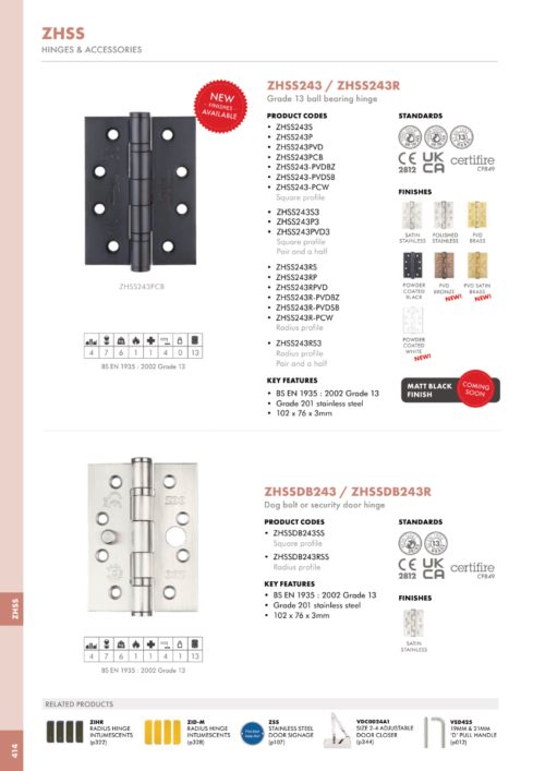 Zoo Hardware ZHSS243R-PCW Grade 13 Hinges - Ball Bearing 102mm x 76mm x 3mm Radius Corner - Matt White