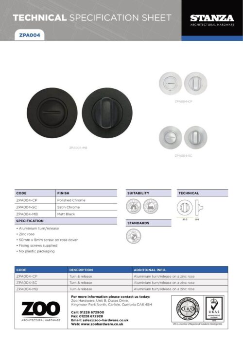 Zoo Hardware ZPA004-SC Turn & Release on Round Rose Satin Chrome