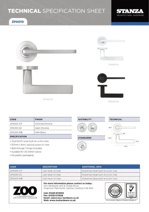 Zoo Hardware ZPA010-CP Leon Door Handle on Rose Polished Chrome