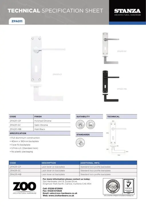 Zoo Hardware ZPA011-SC Leon Door Handle on Lock Backplate Satin Chrome