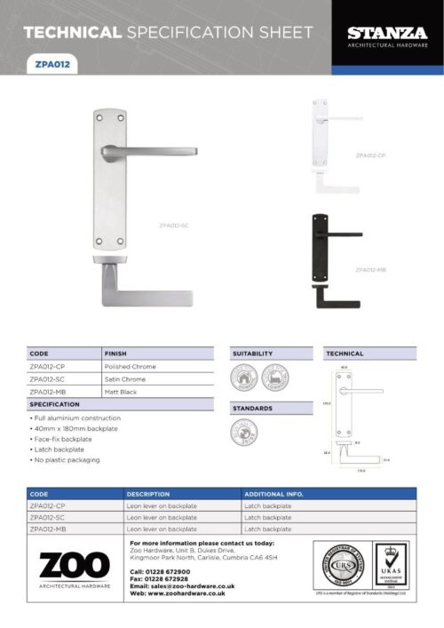 Zoo Hardware ZPA012-MB Leon Door Handle on Latch Backplate Black