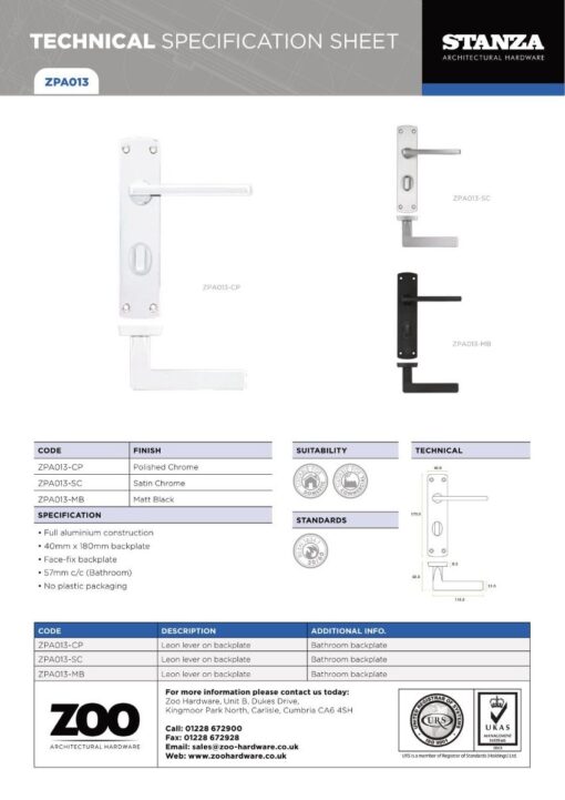 Zoo Hardware ZPA013-CP Leon Door Handle on Bathroom Backplate Polished Chrome