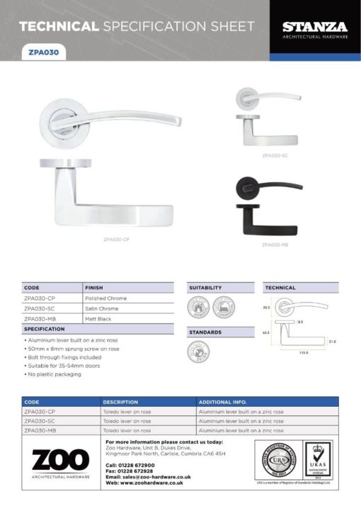 Zoo Hardware ZPA030-CP Toledo Door Handle on Rose Polished Chrome