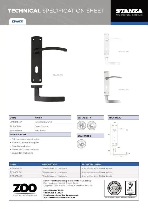 Zoo Hardware ZPA031-CP Toledo Door Handle on Lock Backplate Polished Chrome