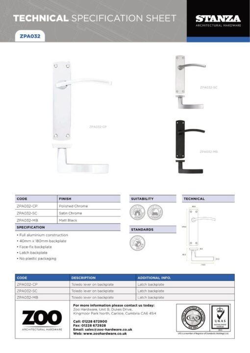 Zoo Hardware ZPA032-CP Toledo Door Handle on Latch Backplate Polished Chrome