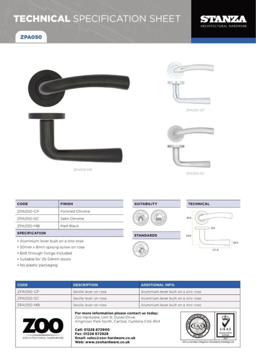 Zoo Hardware ZPA050-CP Seville Door Handle on Rose Polished Chrome