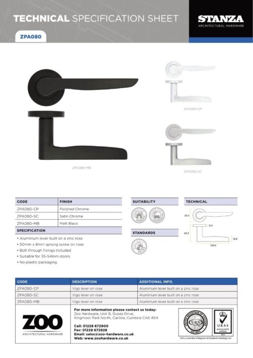 Zoo Hardware ZPA080-CP Vigo Door Handle on Rose Polished Chrome