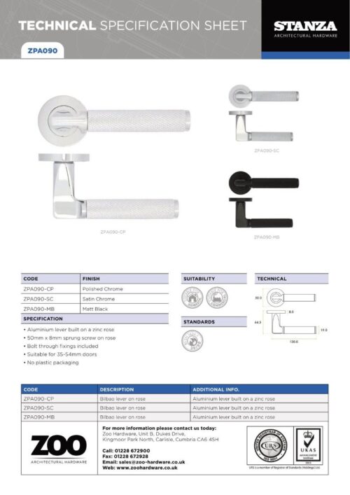 Zoo Hardware ZPA090-SC Bilbao Door Handle on Rose Satin Chrome