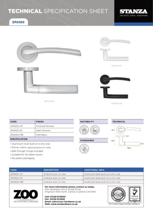 Zoo Hardware ZPA100-CP Andorra Door Handle on Rose Polished Chrome