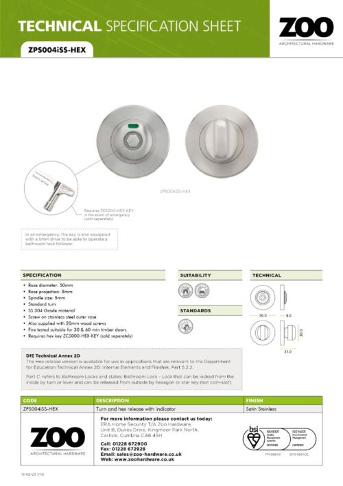 Zoo Hardware Turn and HEX Release with Indicator on 52mm rose- Screw On Cover - 5mm spindle - Grade 304 ZPS004ISS-HEX