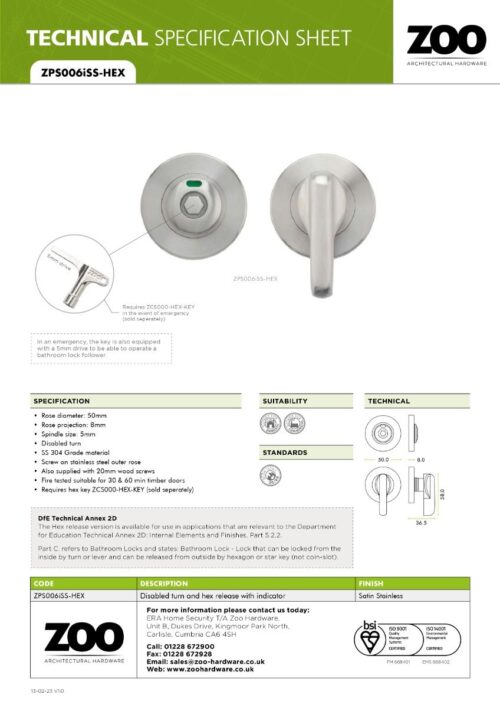 Zoo Hardware Disabled Turn and HEX Release with Indicator on 52mm rose- Screw On Cover - 5mm spindle - Grade 304 ZPS006ISS-HEX
