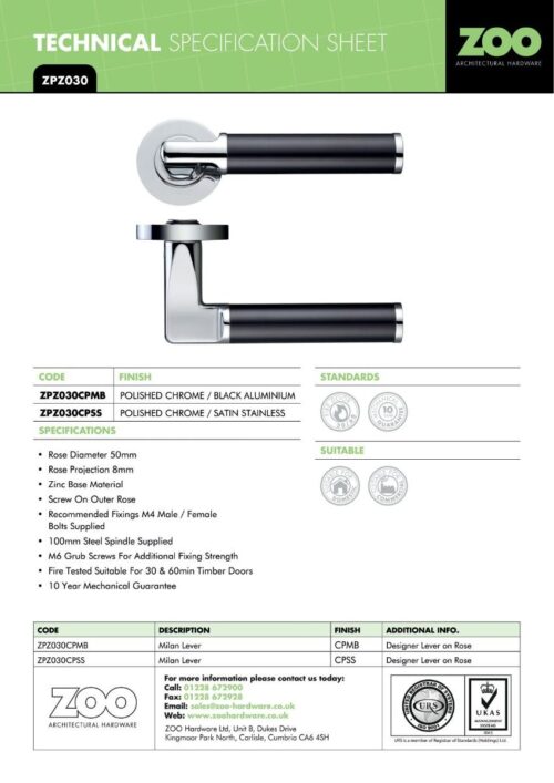 Zoo Hardware ZPZ030-FSB Milan Door Handle - Screw On Rose Pvd Satin Brass