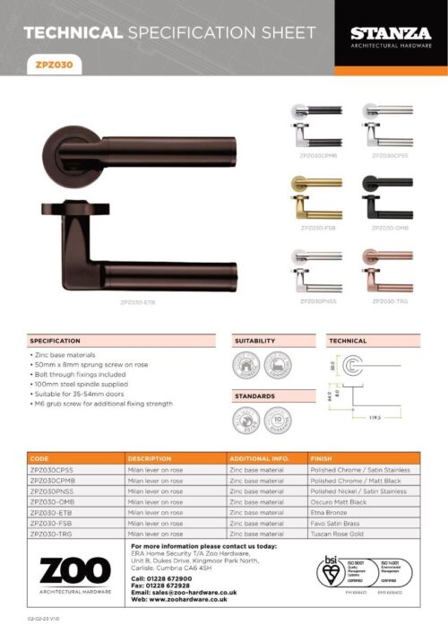 Zoo Hardware ZPZ030-ETB Milan Door Handle - Screw On Rose Pvd Bronze