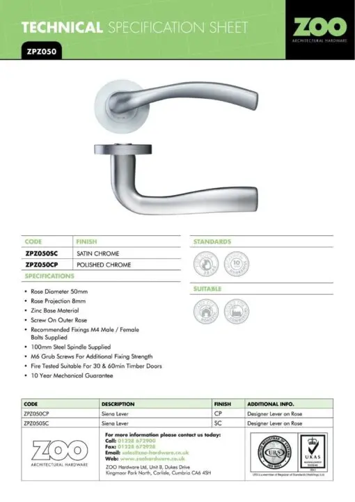Zoo Hardware ZPZ050-FSB Siena Door Handle - Screw On Rose - Favo Satin Brass
