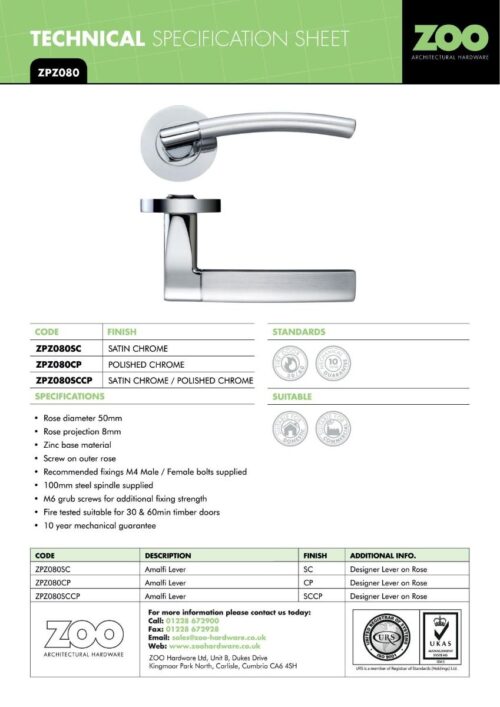 Zoo Hardware ZPZ080-FSB Amalfi Door Handle - Screw On Rose Pvd Satin Brass