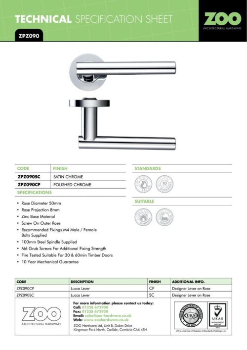 Zoo Hardware ZPZ090-FSB Lucca Door Handle - Screw On Rose Pvd Satin Brass