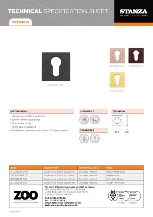 Zoo Hardware ZPZSQ001-OMB Square Escutcheon - Euro Profile Matt Black