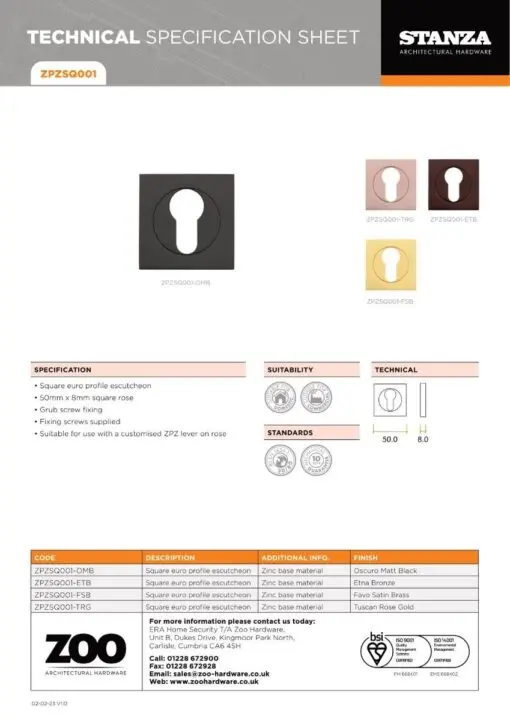 Zoo Hardware ZPZSQ001-FSB Square Escutcheon - Euro Profile Pvd Satin Brass