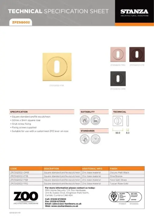 Zoo Hardware ZPZSQ004-ETB Turn & Release - on Square rose Pvd Bronze
