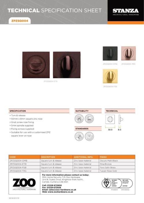 Zoo Hardware ZPZSQ004-OMB Turn & Release - on Square rose Matt Black