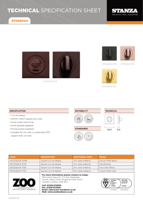 Zoo Hardware ZPZSQ004-FSB Turn & Release - on Square rose Pvd Satin Brass