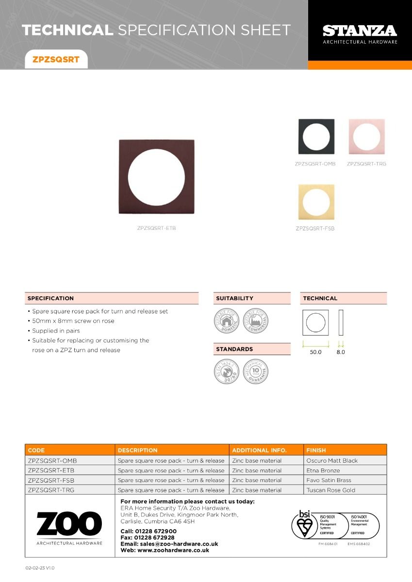 Zoo Hardware ZPZSQSRT-ETB ZPZ Spare Square Rose Pack To Suit Turn & Release & Esc Pvd Bronze