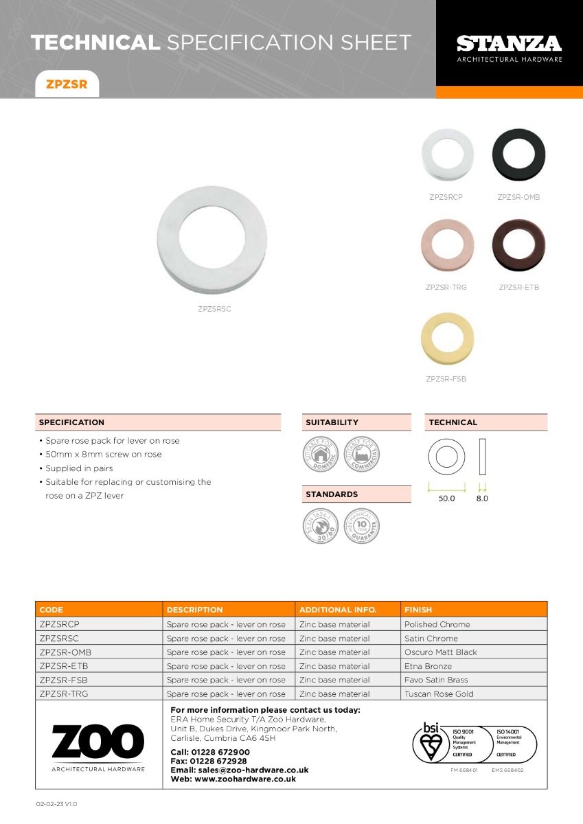 Zoo Hardware ZPZSR-FSB ZPZ Spare Rose Pack Pvd Satin Brass