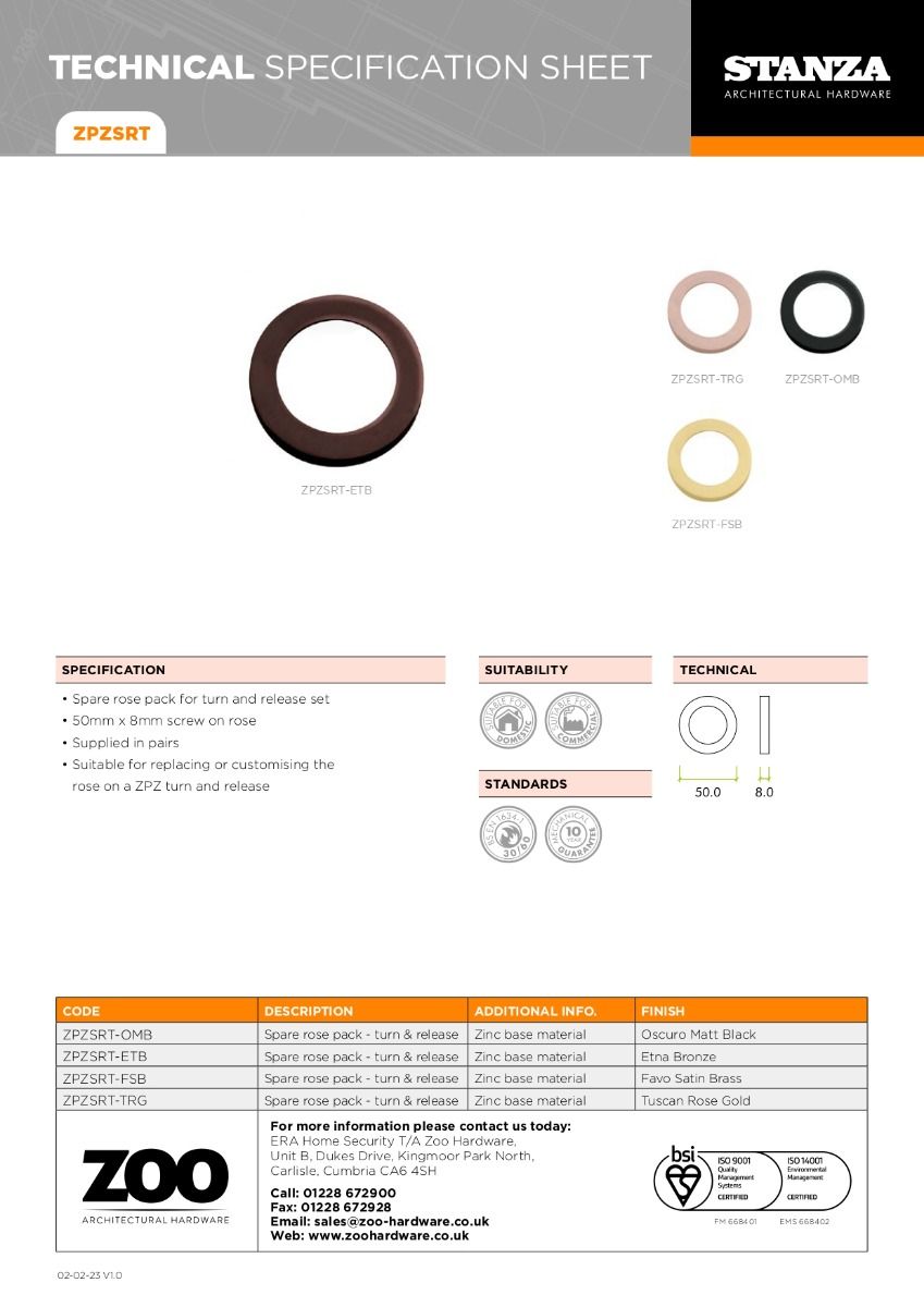 Zoo Hardware ZPZSRT-FSB ZPZ Spare Rose Pack To Suit Turn & Release & Esc Pvd Satin Brass