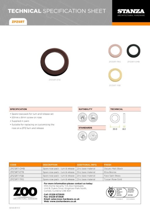 Zoo Hardware ZPZSRT-ETB ZPZ Spare Rose Pack To Suit Turn & Release & Esc Pvd Bronze