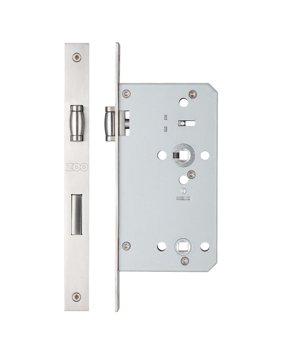 Zoo Hardware Vier 72Mm C/C Din Roller Bathroom Lock (Square Or Radius Profile), Satin Stainless Steel